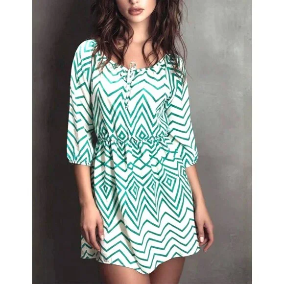 My Michelle Size XL White Teal Chevron Tie Neck Lined Laceback Boho Resort Dress - Picture 11 of 12